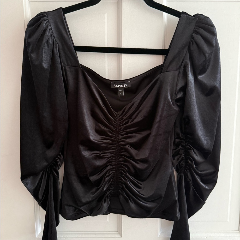 Express Black Satin Ruched Puff-Sleeve Square-Neck Top